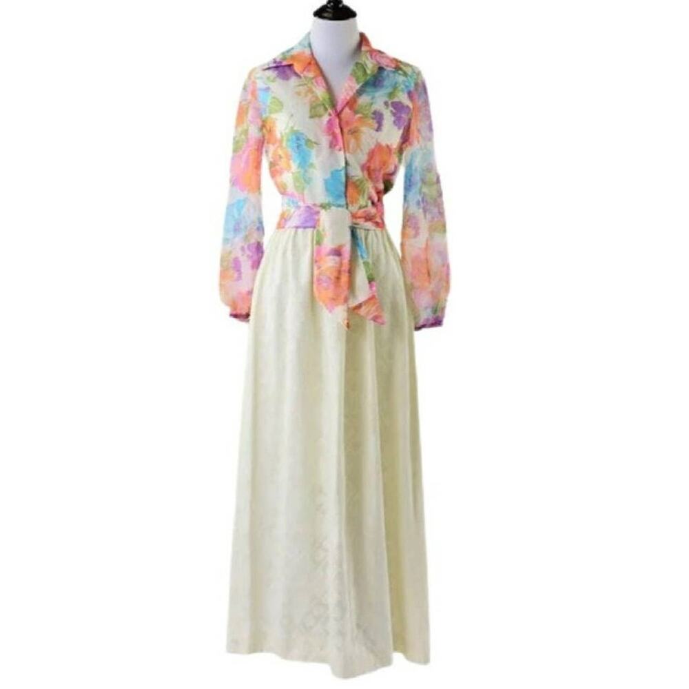 Vintage 1960s-70s Pastel Floral Hostess Gown Maxi Dress Small